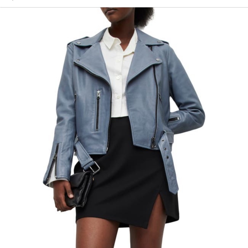 AllSaints Women's Belted Crop Leather Moto Jacket. Excellent condition. Size 8